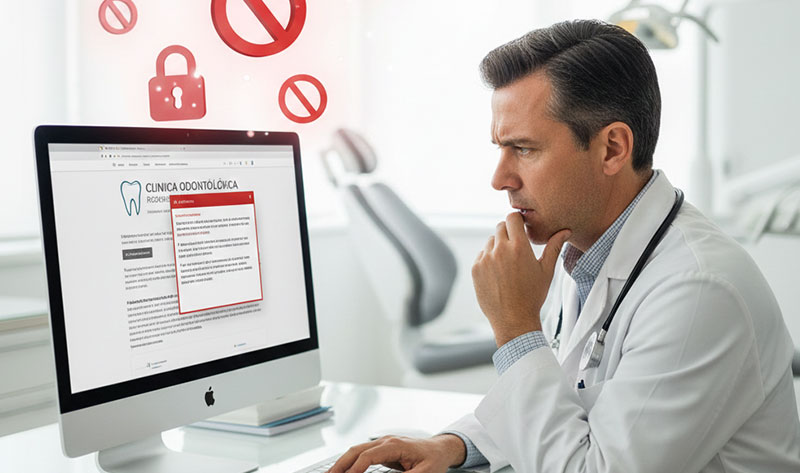 Um dentista olhando para a tela do computador com uma expressão de preocupado