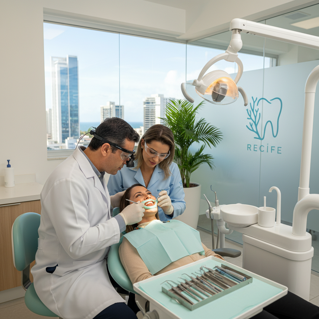 Dentista realizando tratamento de canal em Recife em consultório moderno e equipado.